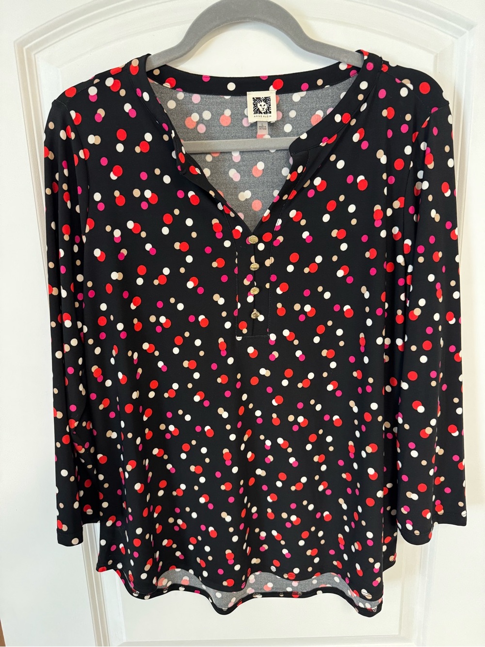 Anne Klein Black Long-Sleeve Dot Henley Top with Pink & Cream Polka Dots
